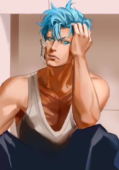 Rule 34 | 1boy, absurdres, black pants, bleach, blue eyes, blue hair, closed mouth, darkinbow, elbow on knee, eyeliner, green eyeliner, grimmjow jaegerjaquez, hand on own head, highres, hollow mask, lips, looking at viewer, makeup, male focus, nose, pants, scar, scar on chest, short hair, sitting, solo, tank top, white tank top