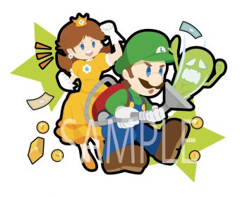 artist_request blue_eyes blue_overalls brown_hair brown_shoes coin crown dress earrings flipped_hair flower flower_earrings flower_ornament ghost gloves gold gold_bar green_hat green_shirt hat high_heels jewelry luigi luigi's_mansion luigi's_mansion:_dark_moon luigi's_mansion_dark_moon mario_(series) money mustahe nintendo overalls poltergust_5000 princess_daisy shirt shoes smile vacuum_cleaner white_gloves yellow_dress