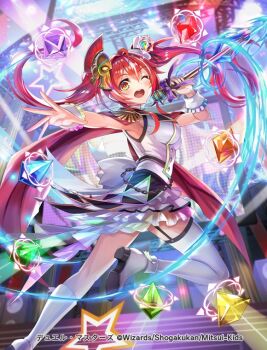 "shimei"_no_chouten_greatest_great 1girl armpits boots breasts cape concert copyright_notice dress duel_masters hair_ornament hokuyuu holding holding_microphone idol_clothes large_breasts long_hair looking_back microphone multicolored_dress multicolored_eyes multicolored_hair official_art one_eye_closed open_mouth outstretched_arm rainbow_gradient rainbow_trim red_cape red_hair screen solo stage_lights standing standing_on_one_leg teeth thigh_boots thighhighs twintails upper_teeth_only very_long_hair white_boots white_dress white_hair white_thighhighs wrist_cuffs yellow_eyes