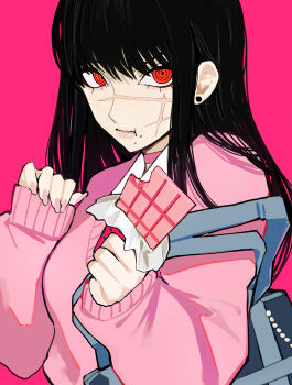 1girl aegyo_sal bag black_hair cardigan chainsaw_man choker cross_scar crumbs earrings facial_scar highres jewelry long_hair long_sleeves looking_at_viewer pink_background pink_cardigan pink_choker pink_theme red_eyes ringed_eyes sailen0 scar scar_on_cheek scar_on_face shoulder_bag simple_background sleeves_past_wrists solo strawberry_chocolate stud_earrings yoru_(chainsaw_man)