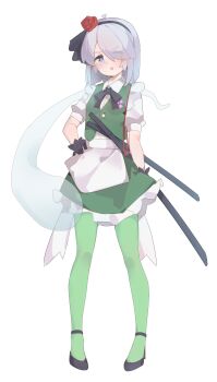1girl absurdres alternate_costume apron black_bow black_bowtie black_gloves black_hairband black_shoes blush bow bowtie chinese_commentary collared_shirt commentary_request enmaided eyes_visible_through_hair flower full_body gloves green_eyes green_pantyhose green_skirt green_vest grey_hair gumingdi_ban hair_flower hair_ornament hair_over_one_eye hairband hand_on_own_hip highres hitodama katana konpaku_youmu konpaku_youmu_(ghost) looking_at_viewer maid maid_apron multiple_swords open_mouth pantyhose puffy_short_sleeves puffy_sleeves red_flower red_rose rose sheath sheathed shirt shoes short_sleeves skirt skirt_set smile solo sword touhou vest waist_apron weapon white_apron white_shirt