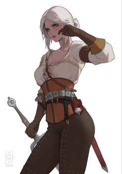 1girl artist_name brown_corset brown_gloves brown_pants ciri corset facial_scar gloves green_eyes highres holding holding_sword holding_weapon pants quilm scar scar_on_cheek scar_on_face shirt simple_background solo sword the_witcher_(series) the_witcher_3 weapon white_background white_hair white_shirt
