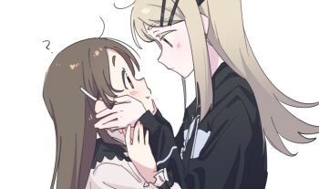 2girls ? black_shirt blonde_hair blush brown_eyes brown_hair closed_mouth colored_eyelashes commentary eye_contact flipped_hair from_side grey_shirt hair_ornament hairclip hands_on_another's_cheeks hands_on_another's_face hands_up height_difference kuramoto_china long_hair long_sleeves looking_at_another multiple_girls parallel_hairclips profile seal_007 shinosawa_hiro shirt simple_background white_background yuri