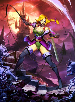 1girl bat_(animal) belt black_gloves blonde_hair boots breasts bridge brown_belt castle castlevania_(series) castlevania_legends choker cleavage commentary_request cross debris full_body full_moon genzoman gloves green_leotard holding holding_sword holding_weapon holding_whip konami large_breasts legs leotard lipstick makeup moon night night_sky parted_lips ship skeleton sky solo sonia_belmont stairs standing stone_stairs sword thigh_boots thighhighs watercraft weapon