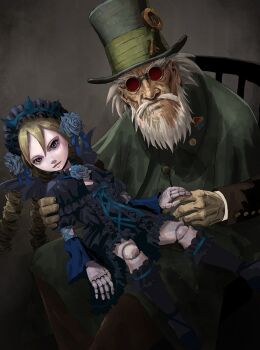 1boy 1girl beard blonde_hair blue_eyes closed_mouth commentary_request cornelia_(shadow_hearts) doll doll_joints dress facial_hair flower gepetto_(shadow_hearts) glasses gothic_lolita hair_flower hair_ornament hat highres joints lips lolita_fashion long_hair looking_at_viewer nobutaka_hanya ringlets shadow_hearts shadow_hearts_ii