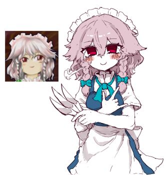 Rule 34 | 1girl, apron, back bow, blue bow, blue dress, blush, bow, braid, closed mouth, commentary request, dress, embodiment of scarlet devil, grey hair, hair bow, highres, izayoi sakuya, korean commentary, long hair, looking at viewer, maid, maid headdress, official art inset, puff of air, rampa93, red eyes, short sleeves, simple background, smile, solo, touhou, twin braids, waist apron, white apron, white background