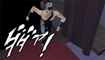 2boys 3d animated animated_gif dio_brando jean_pierre_polnareff jojo_no_kimyou_na_bouken jumping lowres multiple_boys running scene_reference spinning spoilers stairs the_world time_stop za_warudo