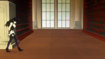 1girl 3d animated animated_gif black_hair blake_belladonna indoors laser_pointer long_hair lowres rwby thighhighs walking