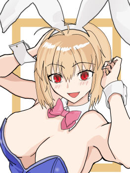 1girl ahoge animal_ears arcueid_brunestud arms_behind_head blonde_hair blush bow bowtie breasts cleavage commentary_request fake_animal_ears hair_intakes highres huge_breasts large_breasts nakrarai playboy_bunny rabbit_ears red_eyes short_hair sidelocks smile solo solo_focus tsukihime tsukihime_(remake) upper_body white_background white_wrist_cuffs wrist_cuffs