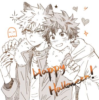 2boys animal_ears bakugou_katsuki belt_buckle belt_collar blush boku_no_hero_academia bubble5432 buckle claw_pose collar commentary crew_neck freckles fur-trimmed_jacket fur_trim ghost_costume greyscale halloween halloween_costume happy_halloween heart highres hood hood_down hooded_jacket jacket long_sleeves looking_to_the_side male_focus midoriya_izuku monochrome multiple_boys nail_polish open_clothes open_jacket sanpaku shirt short_hair sideways_glance spiked_hair spot_color star_(symbol) symbol-only_commentary wolf_ears