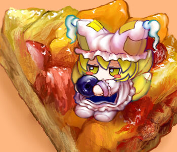 Rule 34 | 1girl, blonde hair, blueberry, blush stickers, food, food focus, fox tail, fruit, fruit tart, fumo (doll), hat, highres, holding, holding food, holding fruit, mob cap, multiple tails, on food, rusuban (yakumora n), sitting, solo, tail, tart (food), touhou, yakumo ran, yellow eyes