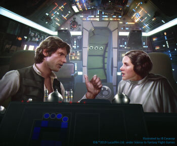 1boy 1girl black_vest brown_eyes brown_hair cockpit collared_shirt double_bun dress english_text hair_bun han_solo highres jb_casacop looking_at_another open_clothes open_vest princess_leia shirt short_hair star_wars star_wars:_a_new_hope vest white_dress