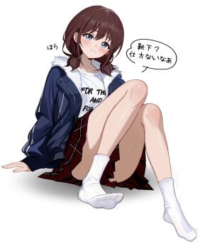 1girl :3 absurdres blue_eyes blue_jacket blush brown_hair closed_mouth commentary_request girls_band_cry hair_between_eyes highres iseri_nina jacket long_sleeves looking_at_viewer low_twintails medium_hair open_clothes open_jacket pleated_skirt red_skirt shadow shirt sidelocks sitting skirt smile socks solo speech_bubble thighs toes translation_request twintails white_background white_shirt white_socks zaofeng