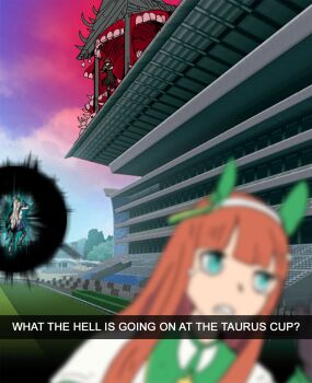 3girls animal_ears blue_eyes blue_sky brown_dress brown_hair cloud commentary dress english_commentary fleeing highres horse_ears horse_girl horse_racing_track jujutsu_kaisen long_hair multiple_girls nice_nature_(poinsettia_ribbon)_(umamusume) nice_nature_(umamusume) oguri_cap_(starlight_beat)_(umamusume) oguri_cap_(umamusume) orange_hair outdoors shirt silence_suzuka_(innocent_silence)_(umamusume) silence_suzuka_(umamusume) sky terkmc umamusume white_hair white_shirt