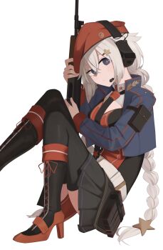 1girl arm_pouch assault_rifle beret black_necktie black_skirt black_thighhighs blue_eyes blue_jacket boots braid cleavage_cutout clothing_cutout cropped_jacket crossed_bangs foot_out_of_frame girls'_frontline grey_hair gun hair_between_eyes hair_flaps hair_ornament hat headset high_heel_boots high_heels highres hinami047 holding holding_gun holding_weapon jacket kalashnikov_rifle knees_up long_braid long_hair looking_at_viewer necktie ots-12_(girls'_frontline) ots-12_tiss red_hat rifle simple_background sitting skirt solo star-shaped_pupils star_(symbol) star_hair_ornament symbol-shaped_pupils thighhighs twin_braids weapon white_background
