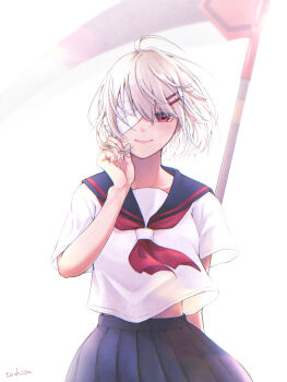 1girl ahoge bandage_over_one_eye blue_sailor_collar blue_skirt blush closed_mouth commentary_request commission commissioner_name cowboy_shot hair_between_eyes hair_ornament hairclip highres holding holding_behind_back holding_scythe holding_weapon_behind_back looking_at_viewer neckerchief one_eye_covered original oshamu parallel_hairclips playing_with_own_hair pleated_skirt red_eyes red_neckerchief sailor_collar school_uniform scythe serafuku shirt short_hair short_sleeves skeb_commission skirt smile solo standing white_background white_hair white_shirt