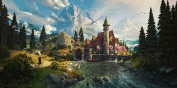 3others absurdres blue_sky building bush cloud dragon goat grass highres mountain multiple_others original outdoors path philipp_urlich pine_tree river road scenery sky stone_bridge tower tree water water_wheel western_dragon