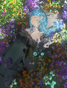 1girl absurdres bare_shoulders blue_flower blue_hair closed_eyes closed_mouth clothing_cutout collar commentary_request detached_sleeves field flower flower_field formal_clothes gloves grass hair_ornament highres long_hair lying mole mole_on_shoulder on_back on_ground orange_flower pink_flower ponytail purple_flower ribbon see-through_dress_layer seed_(zenless_zone_zero) side_cutout solo stirrup_legwear suit taoningtt thigh_cutout toeless_legwear white_flower white_gloves white_sleeves white_suit yellow_flower yellow_ribbon zenless_zone_zero