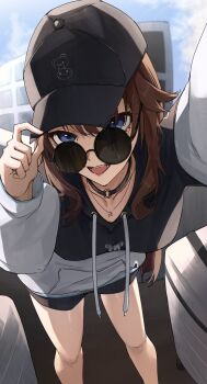 1girl absurdres adjusting_clothes adjusting_headwear baseball_cap black_hat black_hoodie black_shorts blue_eyes brown_hair building commentary drawstring english_commentary hat highres hololive hood hoodie long_hair looking_at_viewer looking_over_eyewear mouchu open_mouth round_eyewear shorts sidelocks solo standing sunglasses tokino_sora tokino_sora_(dj_hoodie) virtual_youtuber white_hoodie
