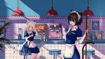 2girls :3 animal_ears apron ashtray blender_(object) blonde_hair braid brand_name_imitation broom brown_hair cat_ears cat_girl cat_tail ceiling_light cigarette clock coca-cola coffee_maker commentary_request cup diner dress fish_hair_ornament green_eyes hair_ornament haruwo highres holding holding_broom holding_cigarette indoors ketchup_bottle long_hair maid_headdress multiple_girls mustard_bottle open_mouth original poster_(object) salt_shaker short_hair sitting smile smoking stool tail tile_wall tiles twin_braids waitress wrist_cuffs