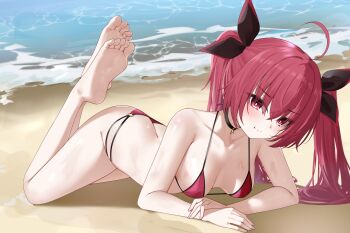 1girl ahoge ass azur_lane barefoot beach bikini black_choker blush breasts butt_crack choker collarbone commentary_request date_a_live feet hair_ribbon highres itsuka_kotori itsuka_kotori_(waterside_goddess) legs_up long_hair looking_at_viewer lying ocean on_stomach outdoors pout red_bikini red_eyes ribbon sand small_breasts soles solo swimsuit toes twintails very_long_hair zerotwenty_(020)