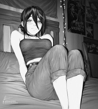 1girl absurdres ak-47 arms_behind_back assault_rifle black_choker black_hair camisole chainsaw_man choker greyscale gun hair_between_eyes hair_bun highres instagram_logo instagram_username kalashnikov_rifle looking_at_viewer marvin_(omarvin) monochrome pants pants_rolled_up poster_(object) reze_(chainsaw_man) rifle short_hair signature single_hair_bun smile solo soviet twitter_logo twitter_username weapon