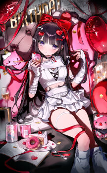 1girl absurdres arm_warmers balloon black_choker black_hair bow breasts cake cake_slice can choker cleavage_cutout clothing_cutout crop_top cup cupcake donut drinking_glass eumi_114 food hair_bow hair_ornament heart heart_balloon heart_hair_ornament highres holding holding_food layered_skirt long_hair looking_at_viewer medium_breasts midriff miniskirt original parted_lips plate purple_eyes shirt short_sleeves skirt socks solo thigh_strap thighs very_long_hair white_shirt white_skirt white_socks wine_glass