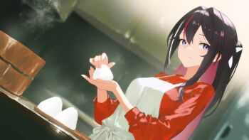 1girl absurdres alternate_costume apron asymmetrical_sidelocks azki_(hololive) black_hair breasts bucket closed_mouth cohi27151463 colored_inner_hair commentary_request dutch_angle food hair_between_eyes highres holding holding_food hololive long_hair long_sleeves looking_at_viewer medium_breasts mole mole_under_eye multicolored_hair onigiri pink_hair ponytail purple_eyes red_shirt shirt sidelocks solo streaked_hair virtual_youtuber white_apron white_streaks wooden_bucket