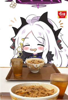 1girl ahoge black_horns blue_archive blush closed_eyes commentary demon_horns drooling e_v_e_neko food hair_ornament hairclip halo highres hina_(blue_archive) horns long_hair mouth_drool notice_lines open_mouth parallel_hairclips photo_background purple_halo solo sukiya white_hair