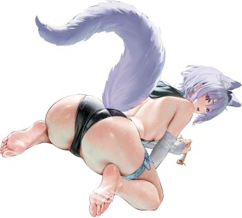 1girl animal_ear_fluff animal_ears ass ass_focus azur_lane bare_back bare_shoulders barefoot blush breasts dead_or_alive dead_or_alive_xtreme extra_ears fang feet foot_focus fox_ears fox_girl fox_tail full_body game_asset happy_birthday highres long_eyelashes looking_at_viewer looking_back multicolored_eyes official_alternate_costume official_art open_mouth rock shiny_skin shizuku_(doa) shizuku_(frolicking_in_the_tide)_(doa) sideboob skin_fang small_breasts smile soles tail thick_thighs thighs tongue transparent_background two-tone_eyes underboob wet white_hair