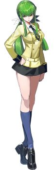 1girl ashford_academy_school_uniform black_shoes c.c. code_geass code_geass:_genesic_re;code full_body green_hair jacket long_hair official_art school_uniform shoes simple_background skirt solo standing transparent_background yellow_eyes yellow_jacket