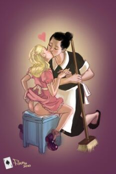 2010 2girls age_difference apron ass bad_tag blonde_hair broom clothes_lift dress dress_lift fauno_artifex female hair_ornament holding_hands imminent_penetration kiss loli maid maid_apron multiple_girls onee-loli panties pink_dress sexually_suggestive shoes simple_background skirt skirt_lift socks source_request thong underwear white_panties year yuri