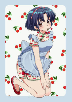 Rule 34 | 1girl, apron, blue apron, blue hair, brown eyes, cherry background, cherry print, colored eyelashes, commentary request, food, food in mouth, food print, fruit, fruit print, hairband, hands on own legs, highres, mio (melchi), ranma 1/2, red hairband, red shoes, shoes, short hair, sitting, solo, tendou akane