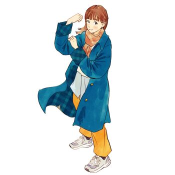1girl black_eyes blue_coat brown_hair brown_scarf closed_mouth coat commentary_request flexing full_body gomafuki hand_on_own_arm highres light_blush long_hair looking_at_viewer orange_pants original pants parted_hair plaid_clothes plaid_coat scarf shoes simple_background smile sneakers solo white_background white_shoes wispy_bangs