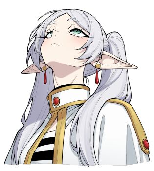 1girl absurdres breasts capelet closed_mouth commentary_request cropped_torso dress earrings elf floating_earrings frieren green_eyes grey_hair hair_over_shoulder highres jewelry long_hair looking_up meme parted_bangs pointy_ears simple_background solo sousou_no_frieren teardrop_earrings twintails upward_angle_frieren_drawing_(meme) vvernerluniq white_capelet white_hair