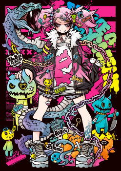 1girl 2025 absurdly_detailed_composition animal bandages chain chinese_zodiac decora arrow_symbol_hair_ornament dress emoji_hair_ornament english_text engrish_text forked_tongue giant_snake graffiti gyaru halter_dress halterneck highres lock nengajou new_year original oversized_animal padlock profanity project.c.k. punk ranguage rokku_gyaru shoes shorts snake sneakers stuffed_toy tattoo thumb_ring tongue twintails wallet_chain year_of_the_snake