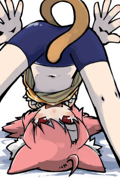 1girl :d ahoge animal_ear_fluff animal_ears bike_shorts borrowed_character cat_ears cat_girl cat_tail commentary_request eroneko-san fang imuhata_shimuro kneepits navel open_mouth original pink_hair red_eyes short_hair simple_background smile solo tail top-down_bottom-up white_background