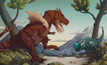 Rule 34 | absurdres, cloud, dinosaur, gen 4 pokemon, gen 6 pokemon, highres, mountain, nintendo, no humans, opabiniart, open mouth, outdoors, pokemon, pokemon (creature), rampardos, tail, tree, tyrantrum