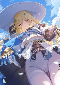 1girl black_gloves blonde_hair blue_sash blue_sky blush breasts closed_mouth commentary_request day from_below gloves gluteal_fold hair_ornament hat high-waist_skirt highres long_hair looking_at_viewer looking_down medium_breasts miakiuehashi outdoors pantyhose phoebe_(wuthering_waves) purple_eyes sash shirt skirt sky smile solo thigh_gap thighband_pantyhose white_hat white_pantyhose white_shirt white_skirt wuthering_waves x_hair_ornament
