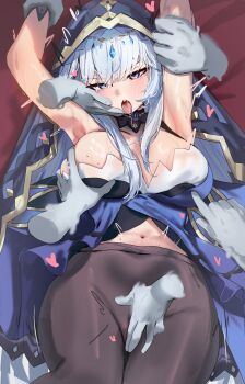 1girl absurdres adina_savic armpits arms_up bare_shoulders black_pantyhose black_survival blue_dress blue_eyes breasts commentary disembodied_hand dress english_commentary eternal_return:_black_survival grabbing_another&#039;s_breast grey_hair groping highres jewelry krabking large_breasts long_hair navel pantyhose sleeveless sleeveless_dress stomach surrounded_by_hands tongue tongue_out veil