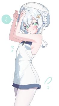 1girl :o absurdres arms_up bastelina_(stella_sora) blush braid braided_hair_rings breasts collared_dress dress flying_sweatdrops green_eyes hair_rings hat highres long_sidelocks pantyhose short_hair_with_long_locks sideboob sidelocks sleeveless sleeveless_dress small_breasts solo spoken_sweatdrop standing stella_sora suisen_(suisenhwa) sweat sweatdrop white_background white_dress white_hair white_hat white_pantyhose