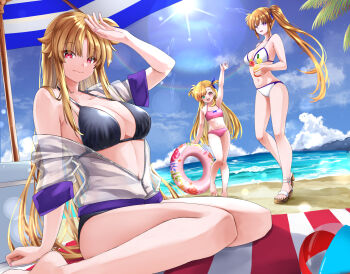 3girls :d arm_up armpits bare_arms bare_legs beach bikini black_bikini blonde_hair blue_bow blue_sky bow breasts brown_eyes brown_hair cleavage clothes_down cup day fate_testarossa flat_chest flower green_eyes groin hair_bow halterneck heterochromia highres holding holding_cup jacket large_breasts lens_flare long_hair looking_at_viewer lyrical_nanoha mahou_shoujo_lyrical_nanoha mahou_shoujo_lyrical_nanoha_strikers multiple_girls navel ocean open_mouth outdoors pink_bikini red_eyes red_flower see-through_clothes see-through_jacket side_ponytail sitting sky smile sougetsu_izuki standing straight_hair summer swimsuit takamachi_nanoha tropical_drink two_side_up very_long_hair vivio wariza waving white_bikini