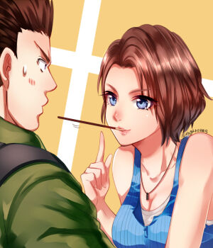 Rule 34 | 1boy, 1girl, artist name, black hair, blue eyes, blue shirt, blush, brown hair, chris redfield, food, food in mouth, jewelry, jill valentine, nagare, necklace, pocky, pocky in mouth, resident evil, shirt, simple background, sweatdrop