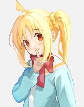 Rule 34 | 1girl, ahoge, alternate costume, aqua cardigan, blonde hair, blush, bocchi the rock!, bow, bowtie, braid, cardigan, choppy bangs, closed mouth, commentary request, finger to mouth, grey background, hand up, highres, ijichi nijika, index finger raised, long hair, looking at viewer, open cardigan, open clothes, polka dot, polka dot bow, polka dot bowtie, red bow, red bowtie, red eyes, sailor collar, shushing, side ponytail, side ponytail with braided base, simple background, smile, solo, spell phd, white sailor collar
