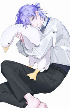 Rule 34 | 1boy, absurdres, arm strap, barefoot, black pants, black shirt, blue hair, commentary, english commentary, feet out of frame, grey eyes, hair pulled back, highres, holding, holding stuffed toy, hoshirube sho, hoshirube sho (2nd costume), kokuto (bsmilk), long sleeves, looking at viewer, male focus, multicolored hair, nijisanji, official alternate hairstyle, pants, puffy sleeves, purple hair, shirt, short hair, simple background, smile, solo, streaked hair, stuffed animal, stuffed duck, stuffed toy, undershirt, virtual youtuber, white background, white shirt