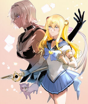 1boy 1girl aki_(neyuki41028) animalization apple_brooch apple_hair_ornament bare_shoulders belt_collar bikini bishoujo_senshi_sailor_moon bishoujo_senshi_sailor_moon_stars black_bikini black_choker black_gloves black_sailor_collar blonde_hair blue_bow blue_bowtie blue_choker blue_eyes blue_sailor_collar blue_skirt bow bowtie breasts brooch caenis_(fate) cat choker cleavage clenched_hand closed_mouth collar cosplay crossdressing dark-skinned_female dark_skin elbow_gloves fate/grand_order fate_(series) food-themed_brooch food-themed_hair_ornament fruit_brooch gloves gold_trim grey_cat hair_between_eyes hair_ornament hand_up holding holding_staff jewelry kadoc_zemlupus kirschtaria_wodime light_blush long_hair looking_at_viewer luna_(sailor_moon) luna_(sailor_moon)_(cosplay) parted_lips pleated_skirt ponytail_holder puffy_short_sleeves puffy_sleeves sailor_collar sailor_moon sailor_moon_(cosplay) sailor_star_fighter sailor_star_fighter_(cosplay) shirt short_sleeves skirt smile staff swimsuit tiara twintails white_gloves white_hair white_shirt yellow_eyes