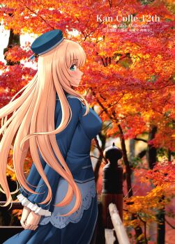 1girl atago_(kancolle) autumn autumn_leaves beret black_pantyhose blonde_hair blue_hat blush breasts day falling_leaves forest green_eyes hat highres ichikawa_feesu kantai_collection large_breasts leaf long_hair looking_back military military_uniform nature outdoors pantyhose smile solo tree
