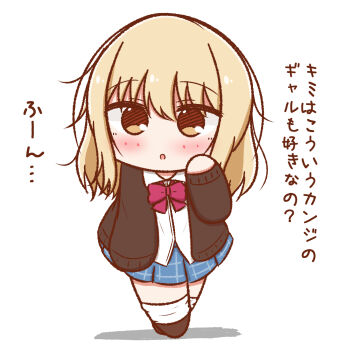 Rule 34 | 1girl, alternate costume, black cardigan, blonde hair, bow, bowtie, cardigan, chibi, chibi only, collared shirt, commentary request, crossed legs, gyaru, highres, kogal, long hair, looking at viewer, love live!, love live! nijigasaki high school idol club, miyashita ai, open cardigan, open clothes, orange eyes, p-man (p man wktk), pink bow, pink bowtie, school uniform, shirt, simple background, solo, watson cross, white background, white shirt