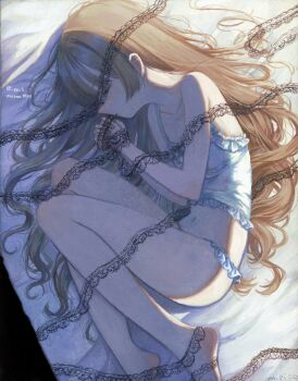 1girl backlighting barefoot breasts brown_hair camisole closed_eyes commentary_request highres lace long_hair lying monou_pico on_bed on_side original own_hands_clasped own_hands_together panties small_breasts solo spaghetti_strap twitter_username underwear white_camisole white_panties