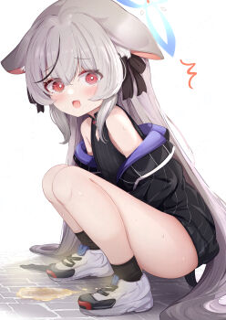 1girl absurdres animal_ears blue_archive commentary_request dress flasher_(flasher_ura) grey_hair halo highres kokona_(blue_archive) loli long_hair looking_at_viewer open_mouth pee peeing red_eyes shoes solo squatting striped_clothes striped_dress variant_set vertical-striped_clothes vertical-striped_dress